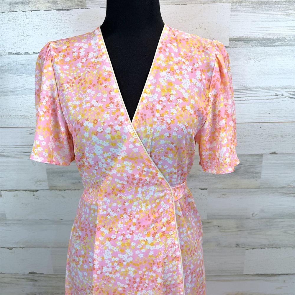 LaRoque Floral Wrap Midi Dress Pink Yellow Cottagecore Preppy Feminine Small - Picture 9 of 16